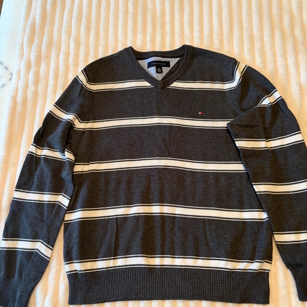 Tommy Hilfiger Charcoal Gray and Cream Striped V-Neck Sweater
